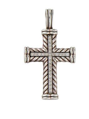 DAVID YURMAN DIAMOND STERLING SILVER 925 CHEVRON CROSS PENDANT